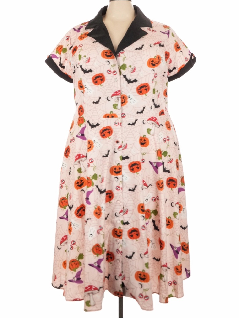 Unique Vintage Halloween Pumpkin Print Dress with Black Collar